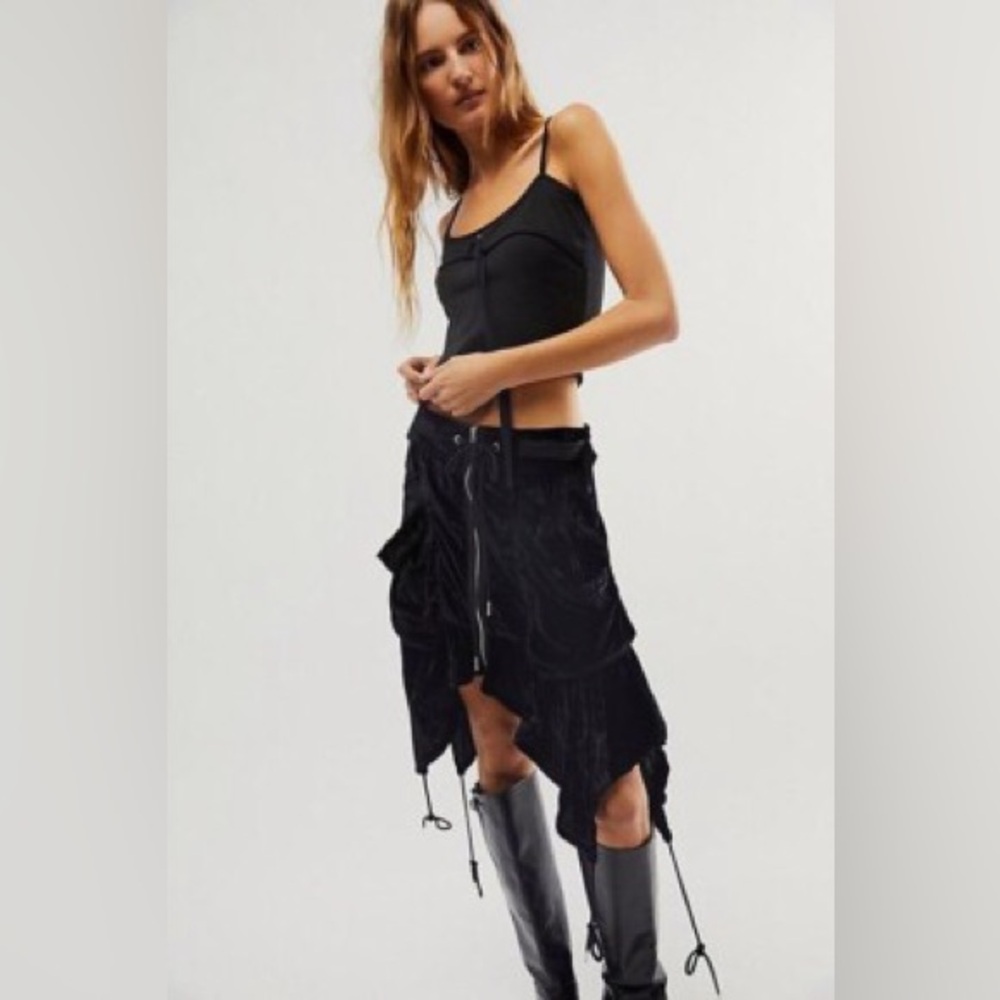 NWOT Free People Paxton Parachute Velvet Utility Skirt Black